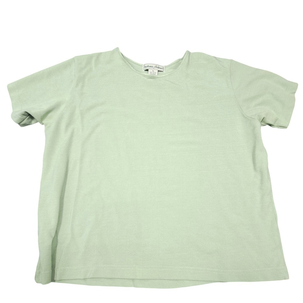 VTG Stephanie Andrews Sage Green Short Sleeve Knit Top XL Cotton Rayon Crew Neck